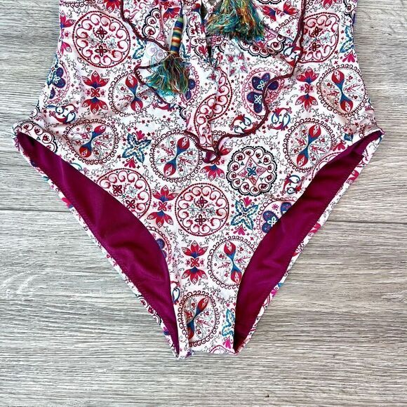 Goldenpoint Women's Multicolor Open Back Lace Up Ruffle Swimsuit Size 2 - Picture 3 of 9